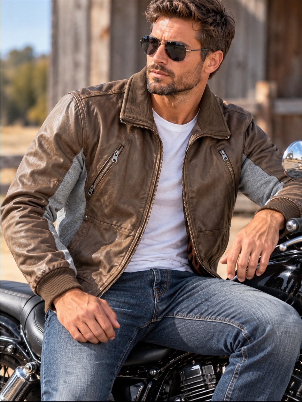 Men's Brown Leather Bomber Jacket with Gray Knit Panels